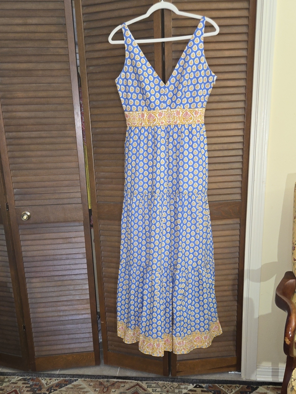 J. Crew Point Sur Blue Paisley Maxi Dress with Yellow Waistband  Like Brand New